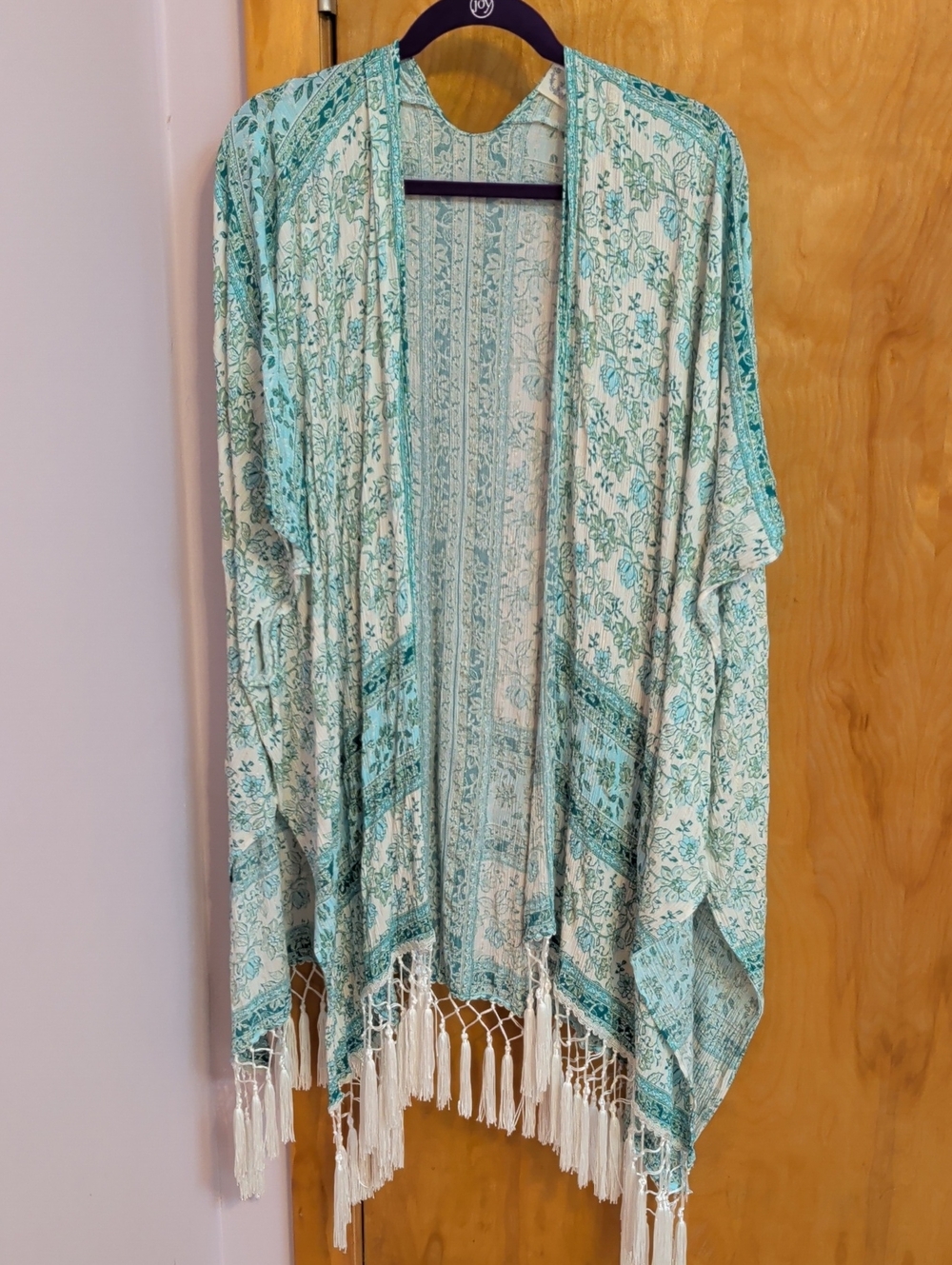Blue Rain Mint Floral Fringe Kimono Cover-Up